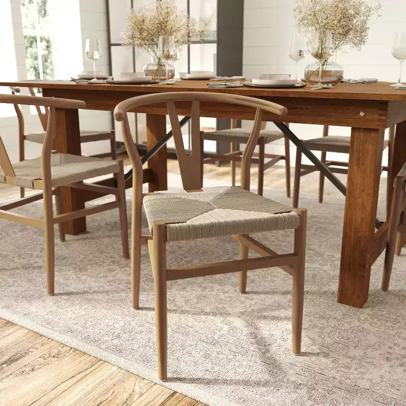 Set of 2 Stackable Y-Back Dining Chairs with Solid Wood Frame & Woven Kraft Paper Rope Seats