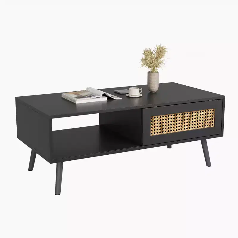 Wood Coffee Table with Storage, Boho Center Sofa Table with Sliding Door and Open Shelf for Living Room, Bedroom, Easy Assembly