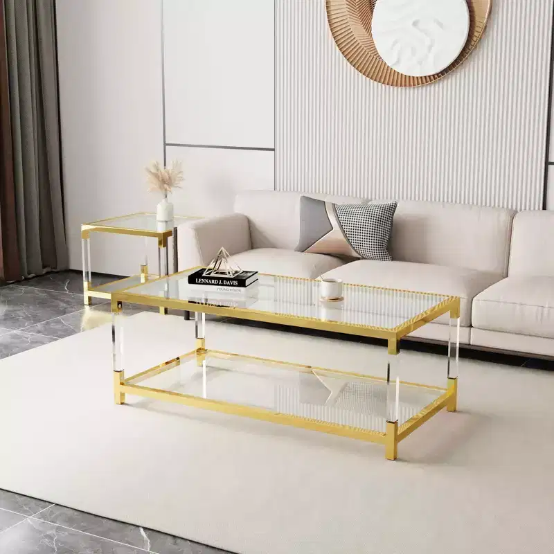 MAYEERTY Modern Acrylic Legs Coffee Table, Double Layer Tempered Glass Top with Golden Metal Frame for Living Room Office
