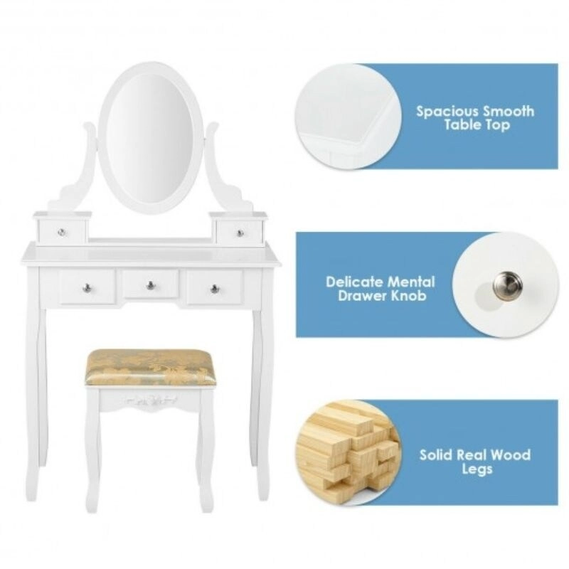 Vanity Make Up Table Set Dressing Table Set with 5 Drawers - 31.5 x 16 x 53.5 ( L x W x H )