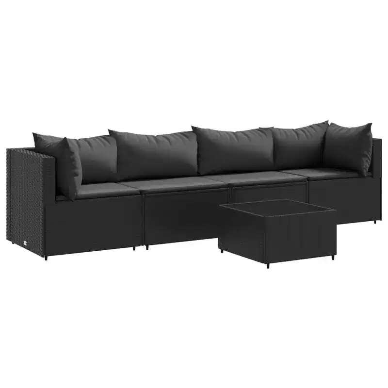vidaXL - 5 Piece Patio Lounge Set with Black Cushions - PE Rattan, Steel Frame, Tempered Glass Coffee Table - for Garden, Terrace, Patio
