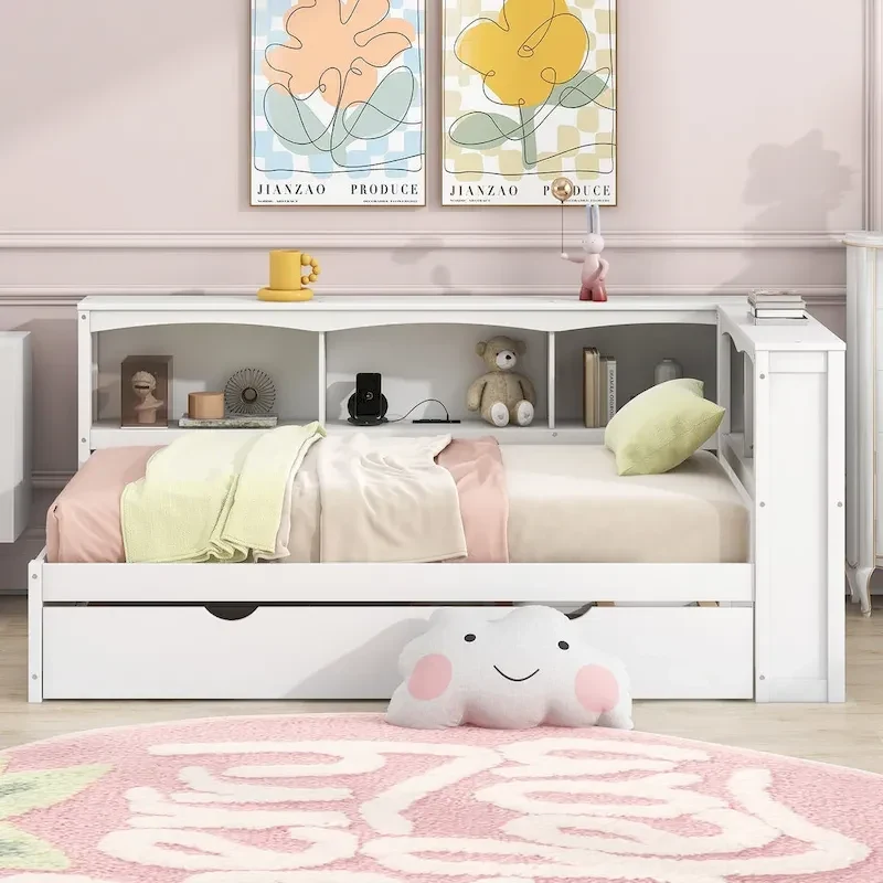 Twin Wooden Daybed with Trundle, Cabinets, and Charging Stations
