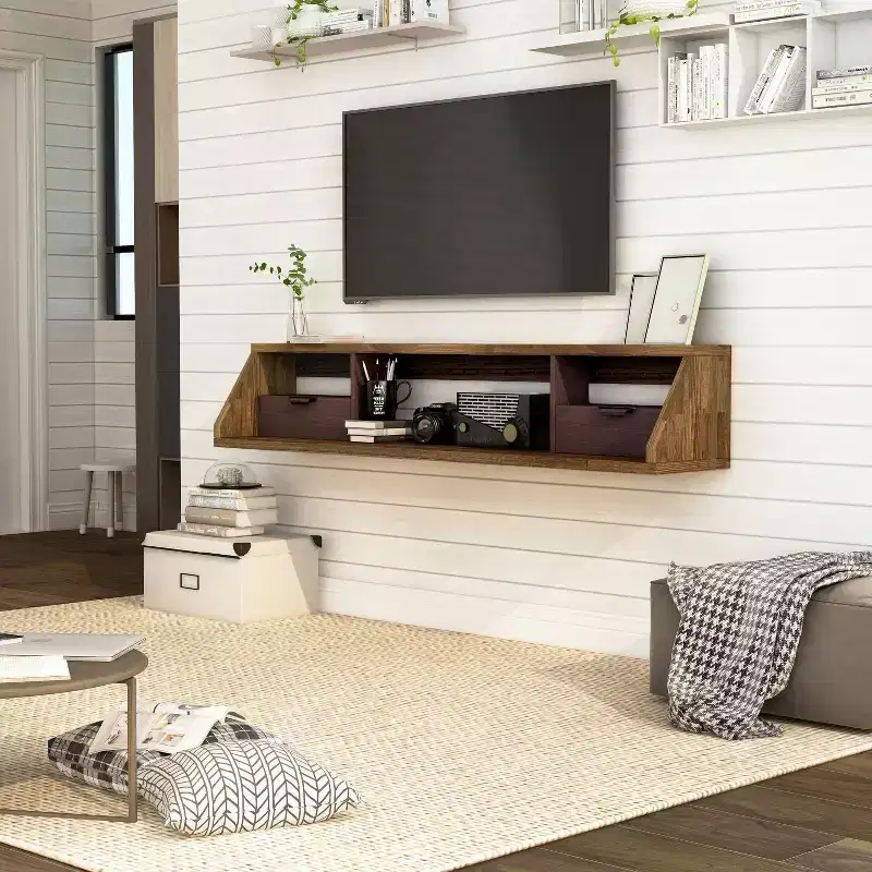 Fannister Floating TV Stand for TVs up to 70" Light Hickory - miBasics: Wall Mounted, Modern Entertainment Center