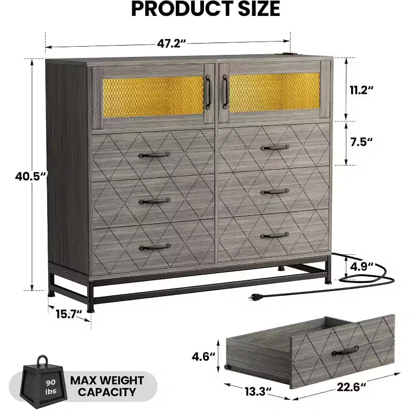 6 Drawer Dresser with 2 Door Cabinet, Tall Organizer Chest with Power Station, Modern Storage for Bedroom, Living Room, Hallway, Closet