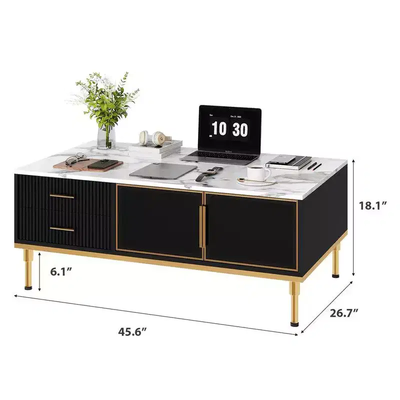 Coolmee Large Coffee Table for Living Room, Faux Marble Top with 4 Drawers & Glass Doors, Fluted Panel Design, Hidden Compartment and Storage Shelf