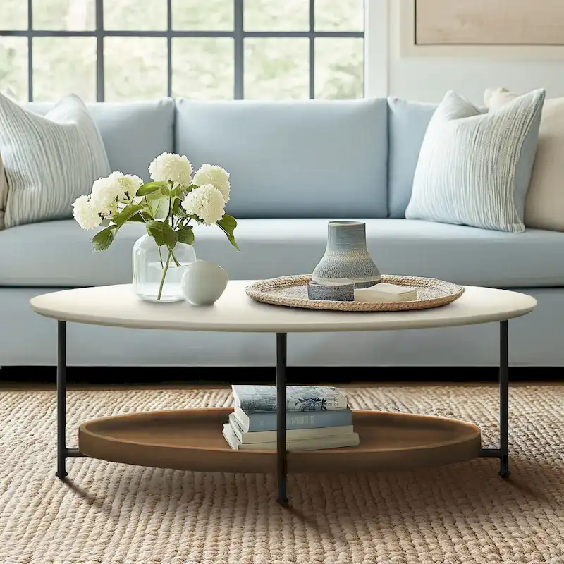 Oval Coffee Table with White Top and Natural Shelf