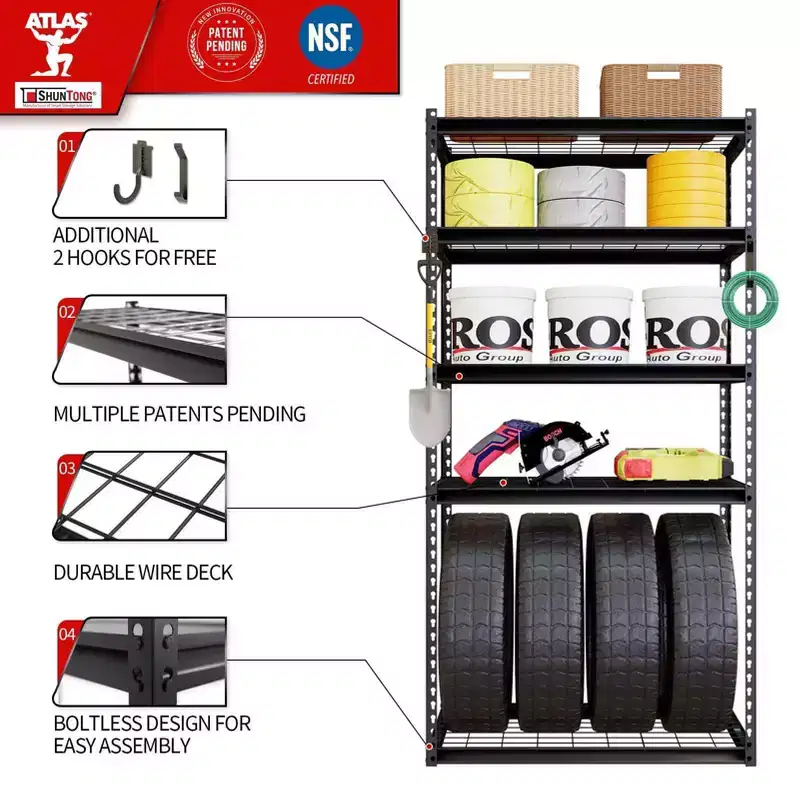 Atlas Shelving 5-Tier 36"x18"x72" Steel Boltless Shelving Load 4000lbs with Wire Deck Hammertone