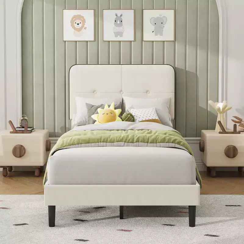 Twin Upholstered Velvet Platform Bed Frame with Adjustable Headboard, Sturdy Metal Support, Noise-Free, No Box Spring Needed