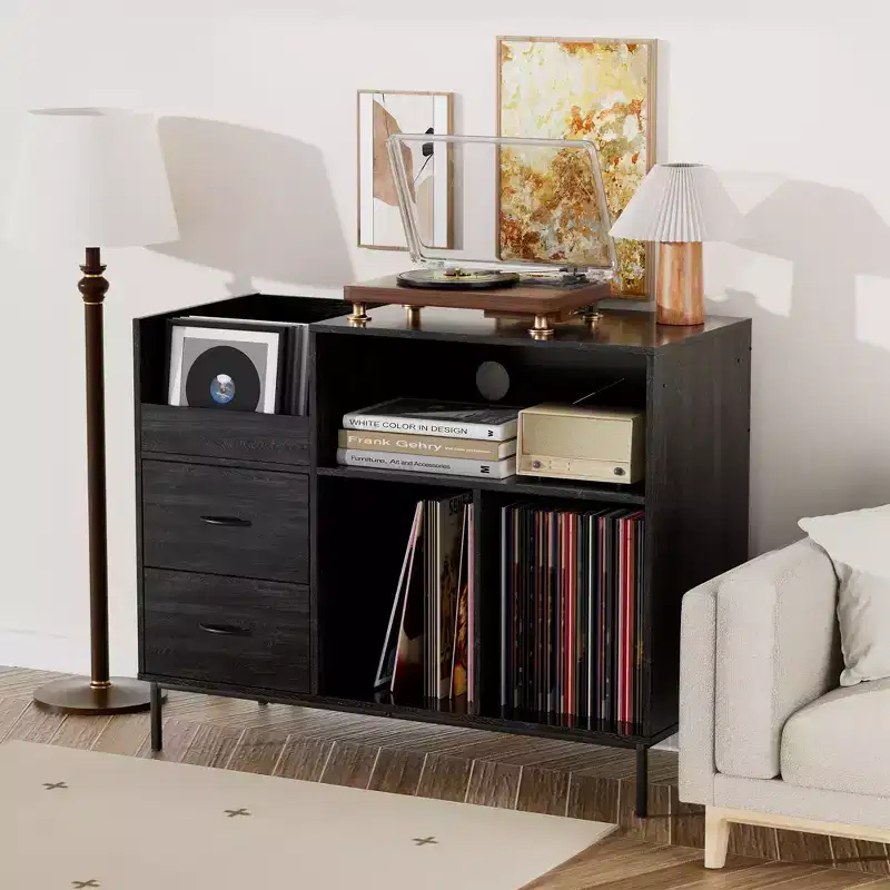 Eco-Friendly Flip-Top Turntable Stand, Wooden Vinyl Record Storage Cabinet with Dual-Socket Power Strip, Black