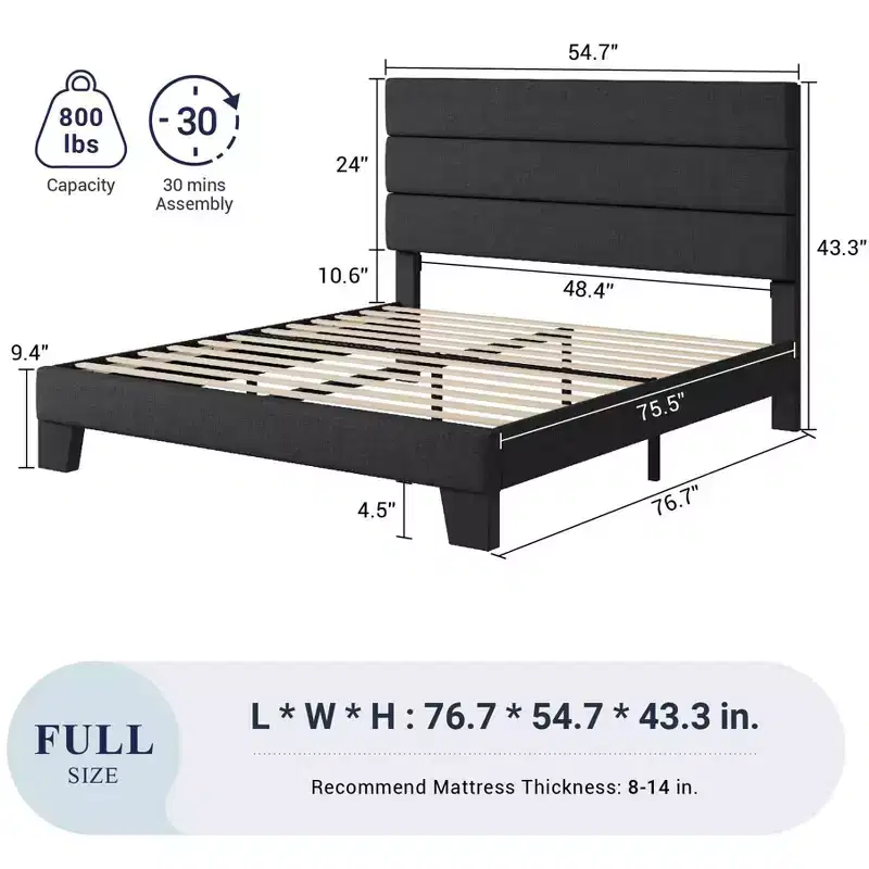 Allewie Platform Bed Frame with Fabric Upholstered Headboard and Wooden Slats Support, Fully Upholstered Mattress Foundation/No Box Spring Needed