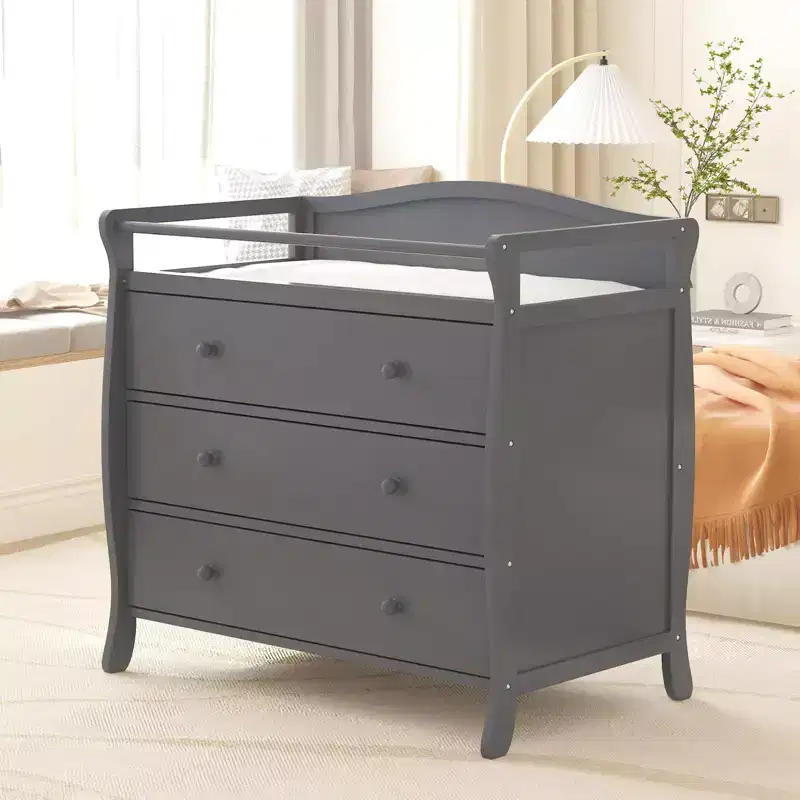 Modern Wooden Diaper Changing Table with 3 Drawers, Safety Rail & Strap  Baby Changing Station & Nursery Organizer for Bedroom