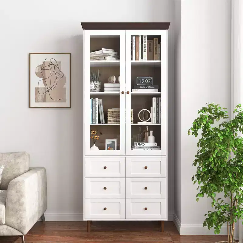 White MDF Display Cabinet with Glass Doors & Adjustable Shelves