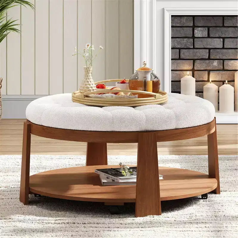 TUYOHW 2-Tier Ottoman Coffee Table for Living Room,36 Linen Accent Cocktail Table,Oversized Button Tufted Ottoman with Rubberwood Base