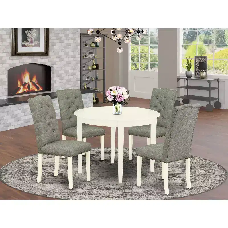 HomeStock 5-Pc Linen white Solid Wood Top-Round Dining Room Set-Seats 4