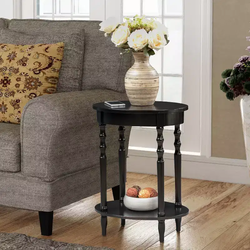 Oval Solid Wood End Table with Bottom Shelf, Spindle Legs, Black, 24H x 20W