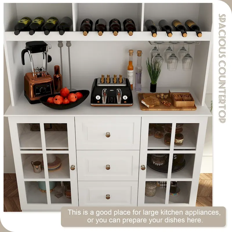 78.9Pantry Buffet White Buffet with Wine Glass Rack Drawer and Hutch