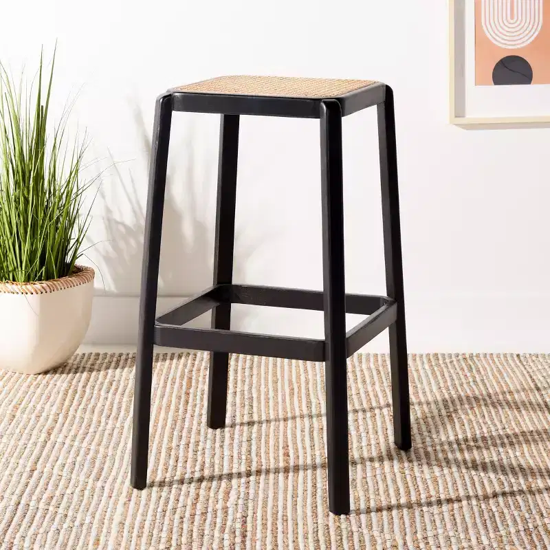 Backless Cane Bar Stool, Beechwood Frame with Natural Rattan Seat, Fixed Height 29.5