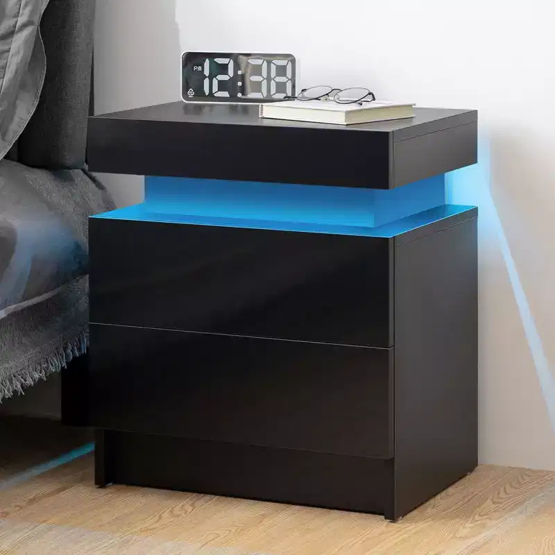 Modern LED Nightstand High Gloss Beside Table with 2 Drawers