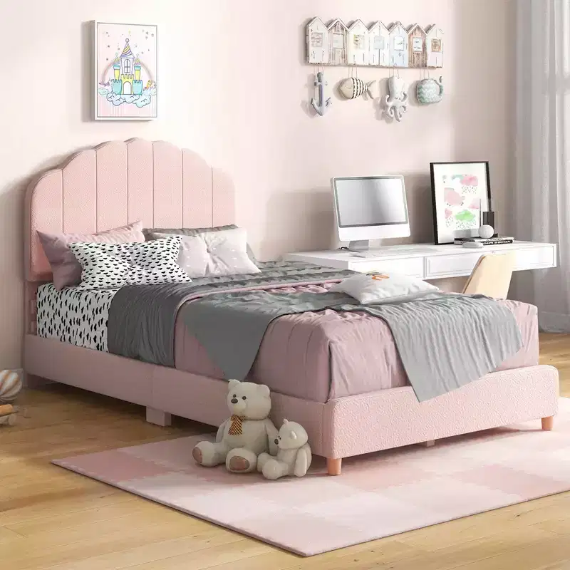 Kids Twin Platform Bed Frame Upholstered Twin Size Bed with Wooden Slats Support