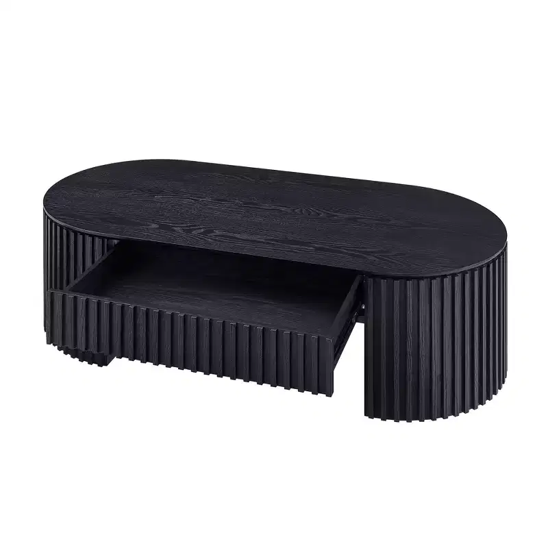 GDFStudio Manuel Modern Wooden Oval Pedestal Coffee Table with Drawer and Handcrafted Relief