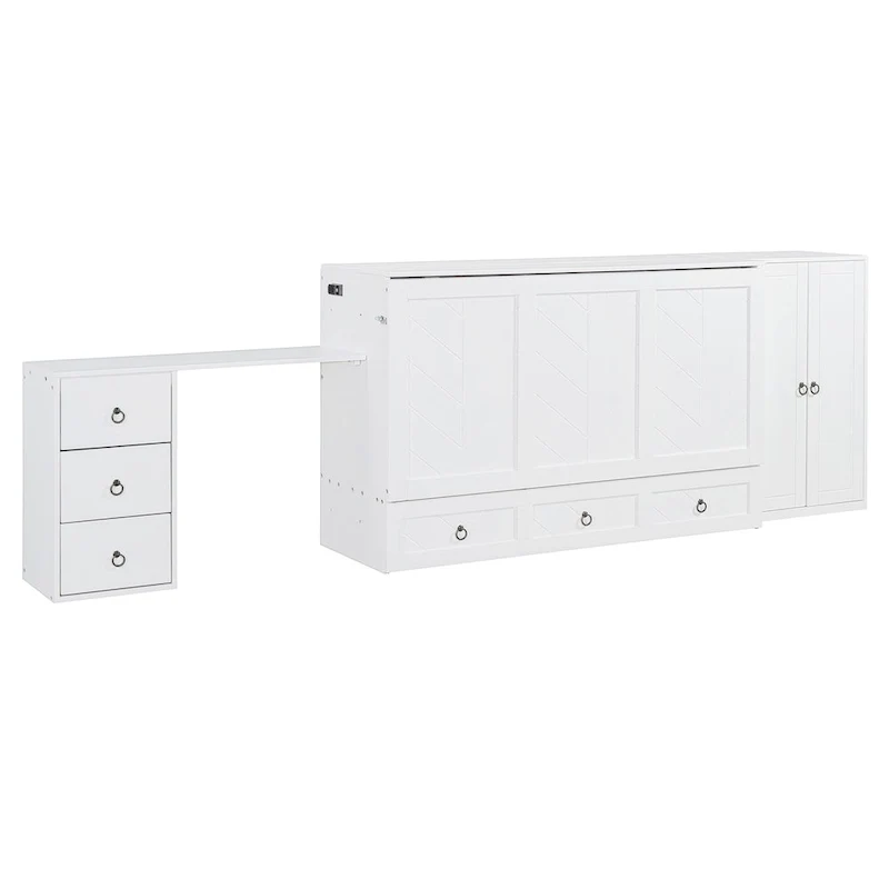 Queen Size Murphy Bed with USB Port, Large Drawer, and Desk