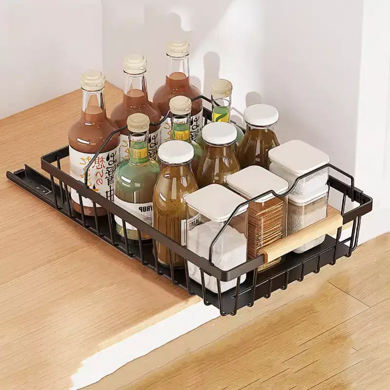 Pull Out Cabinet Organizer,Multifunctional Sliding Mesh Cabinet Basket with 2 Cars Lines, for Kitchen Pantry Bathroom Bedroom Black