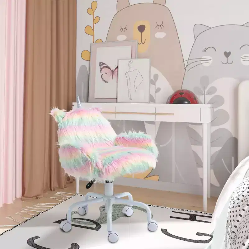 Fluffy Unicorn Office Chair with Mid-Back and Armrest Support, 5 Star Swivel Wheel White Base