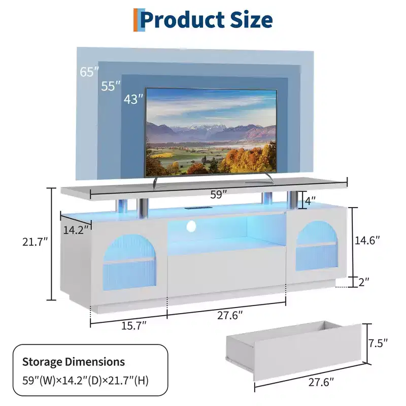 GustoWave Modern TV Stands for Living Room, 59 Entertainment Center with Power Outlets & LED Lights, White