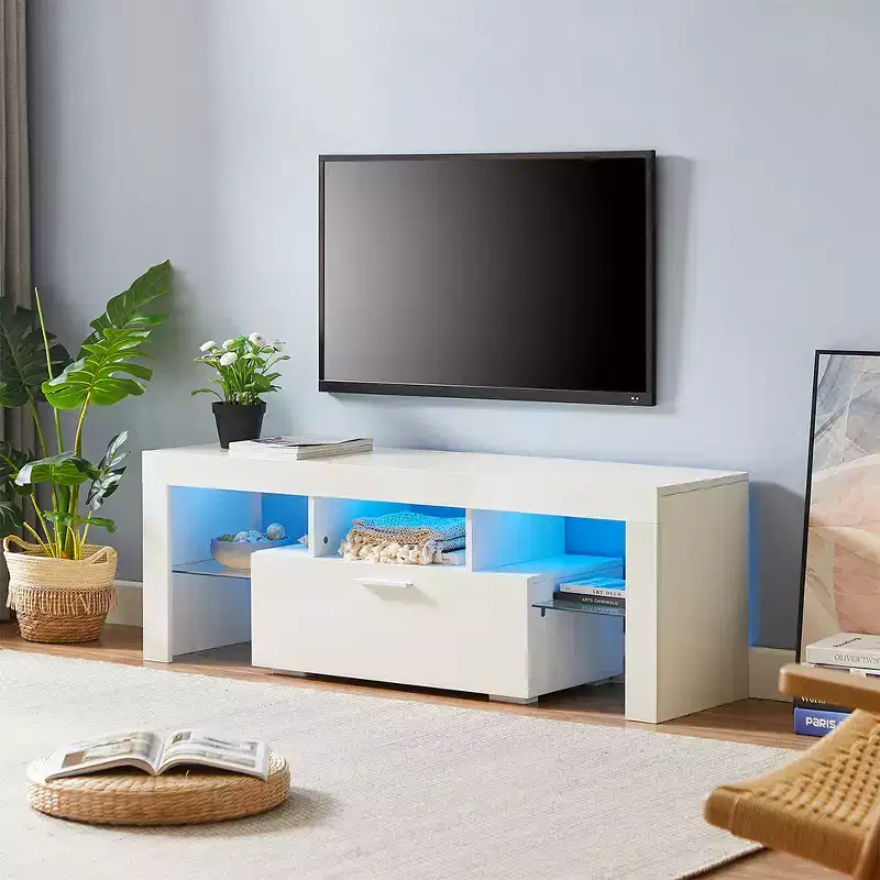 TV Stand with Remote Control LED Light Strip, 2 Drawers and Open Shelves for TVs up to 65