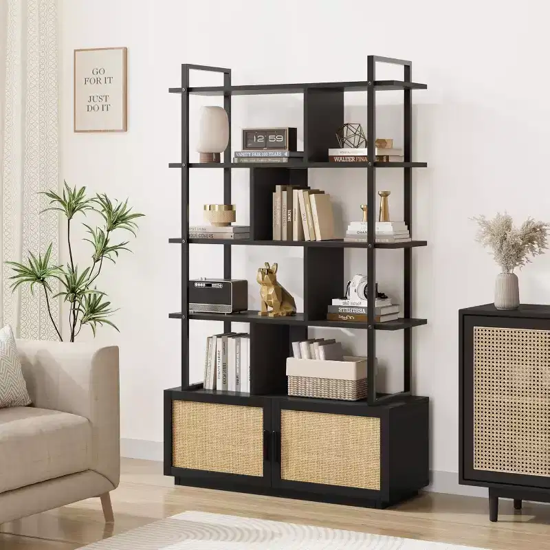 Industrial Bookcase with Storage Cabinet, 4 Tier Open Storage Shelf, Display Shelf, 70.87 Inch Tall, For Bedroom, Living Room, Office, Brown