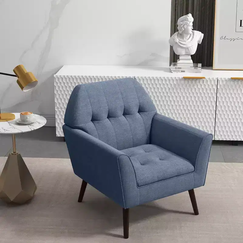 Costway Modern Tufted Fabric Accent Chair Upholstered Armchair with Rubber Wood Legs Blue/Grey