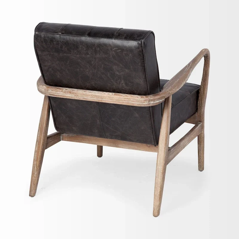 Phineas Black Genuine Leather & Brown Solid Wood Frame Accent Chair