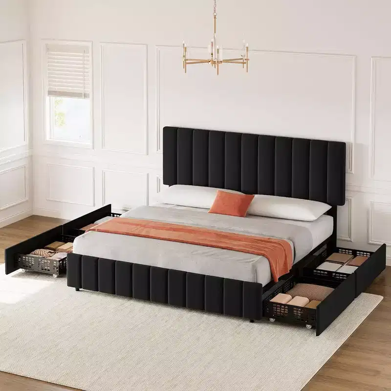 Whizmax Queen Size Bed Frame with Adjustable Headboard and 4 Storage Drawers, Linen Upholstered Platform Bed Frame, No Box Spring Needed