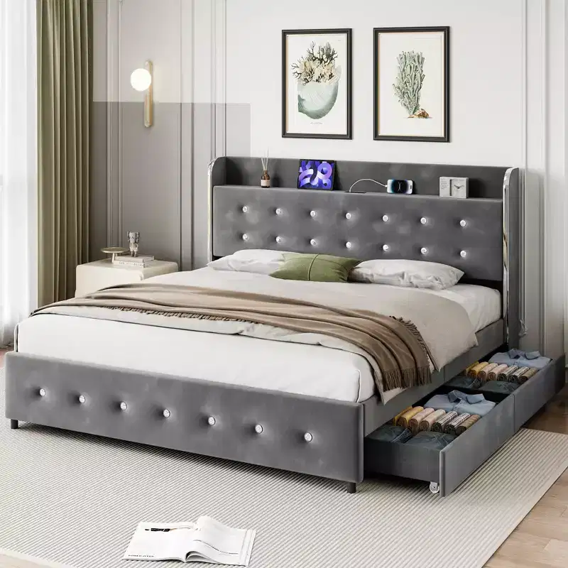 Queen Size Platform Bed Frame with Storage Drawers and Upholstered Headboard