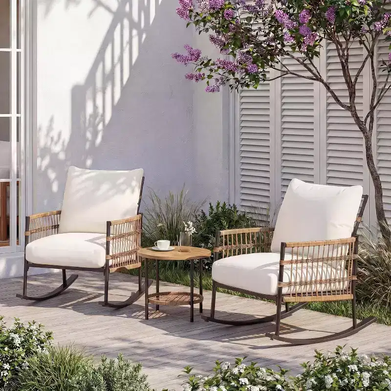 LAUSAINT HOME 3-Piece Patio Rocking Chairs Set, Outdoor PE Wicker Patio Furniture with Thick Cushions