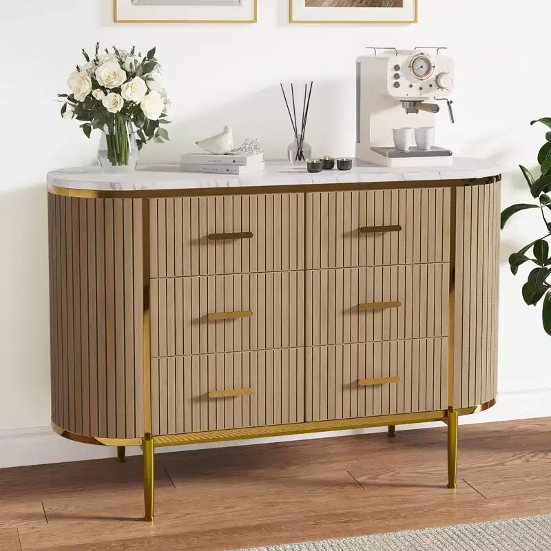 Fluted 6 Drawer Dresser, 47.2in Wide Mid Century Modern Wooden Chest of Drawers with Curved Profile Design and Gold Handles for Bedroom Closet