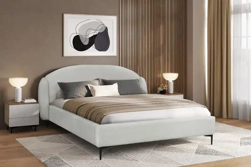 Upholstered Wingback Bed in White Fabric