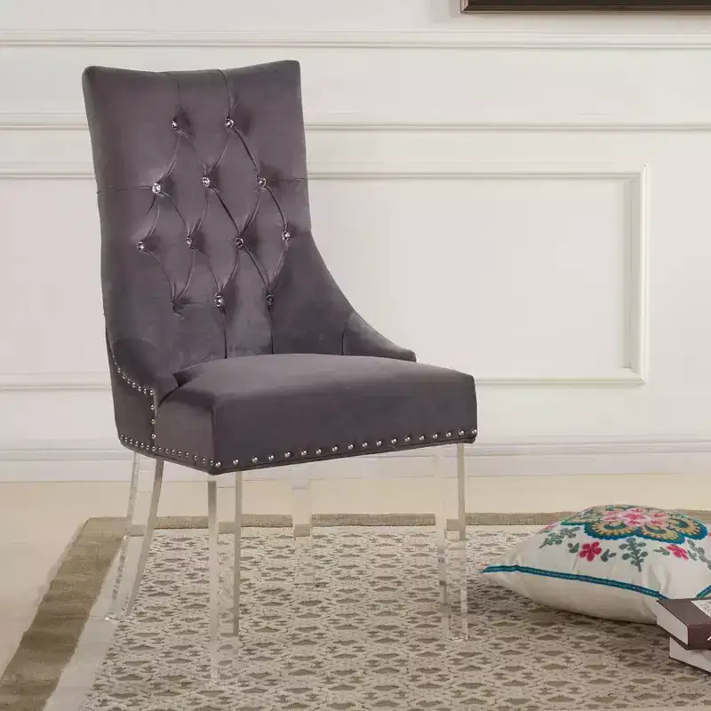 Armen Living,Gobi Modern and Contemporary Tufted Dining Chair in Gray Velvet with Acrylic Legs