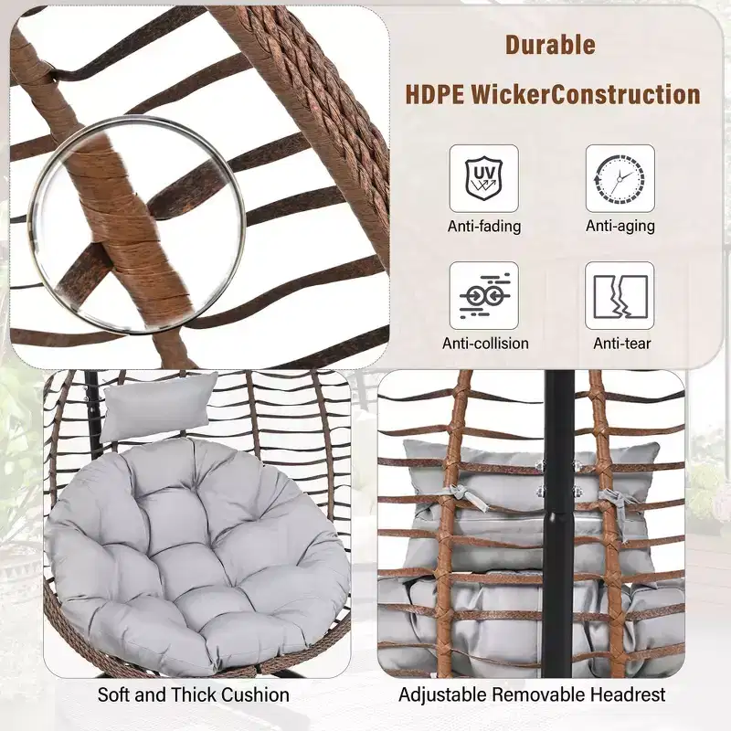 Whisen Hanging Hammock Chair with Stand, Egg Swing Chair with Iron Frame and Cushion & Headrest