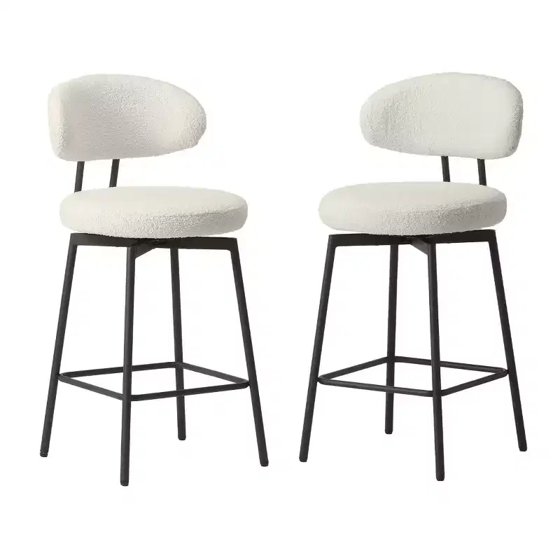 Modern Upholstered Faux Shearling Fabric Counter Height Bar Stools with Back (Set of 2