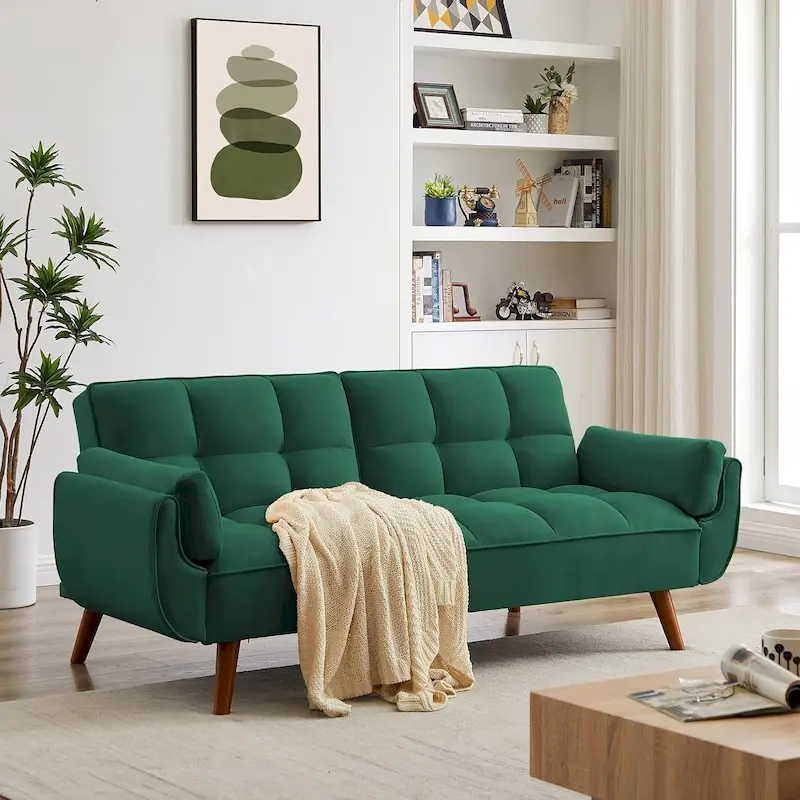 Futon bed Velvet Sofa, Adjustable Backrest Convertible Sleeper Futon Loveseat with Tapered Wood Legs for Living Room, Bedroom