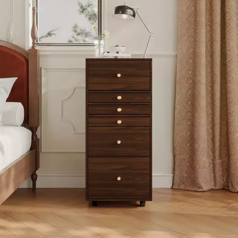 Walnut Rolling Vanity Dresser with LED Mirror, Foldable Worktop & Multi-Layer Storage