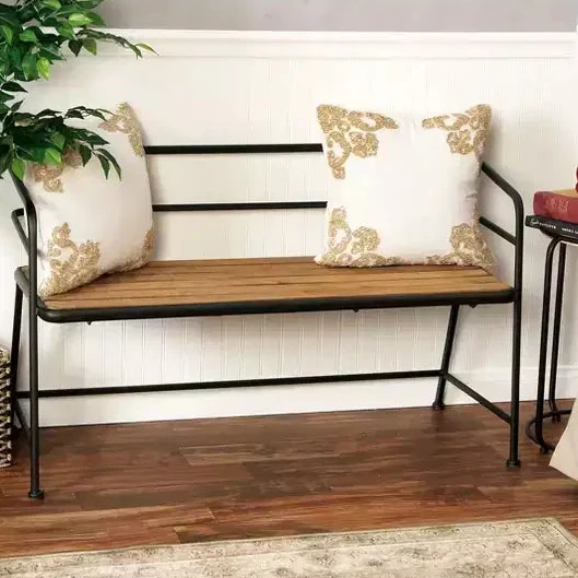 Industrial Wood and Metal Bench with Armrest and Storage