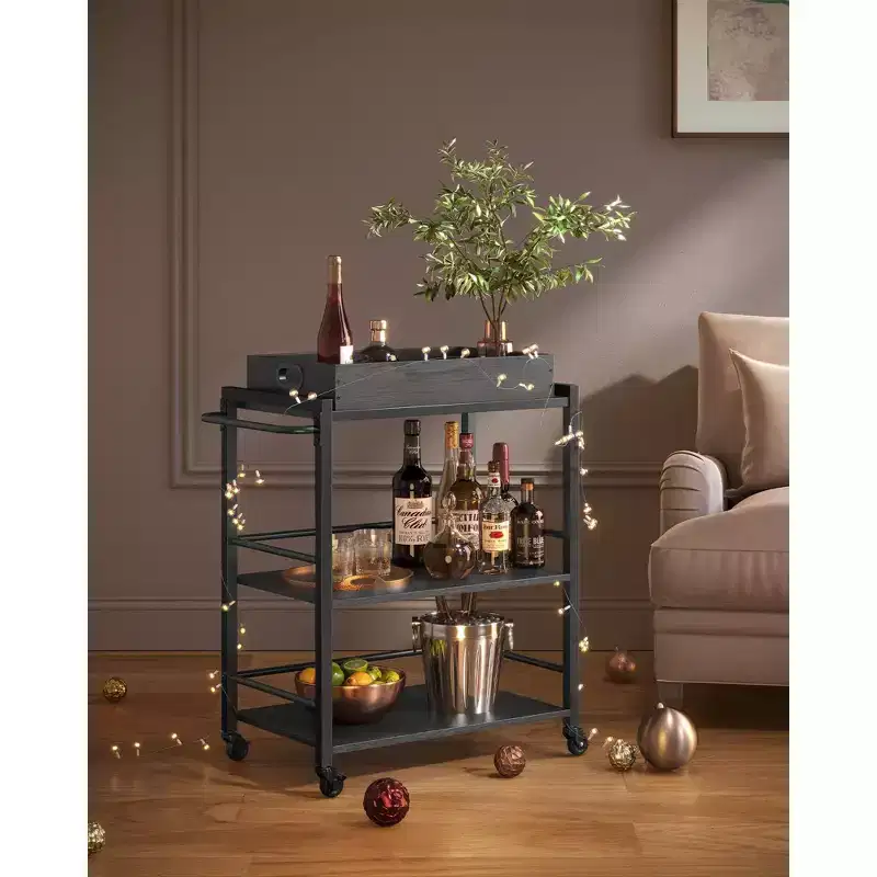 Kitchen Serving Cart with Removable Tray, 3-Tier Kitchen Utility Cart on Wheels with Storage, with Brakes, Leveling Feet