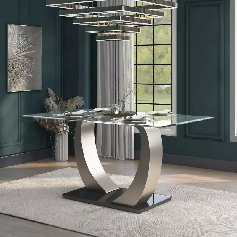 HOMES: Inside + Out Langton Glass Top Dining Table Silver/Black: Modern Pedestal Base, Seats 6, Satin Finish
