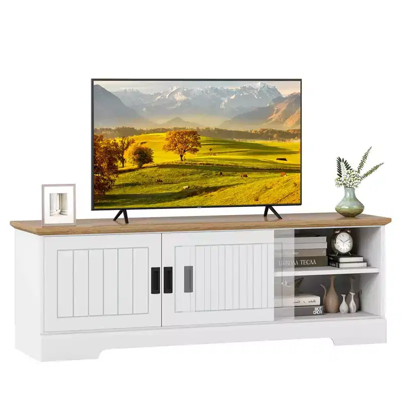 Costway Farmhouse TV Stand for TVs up to 65 with Sliding Doors Storage Cabinets