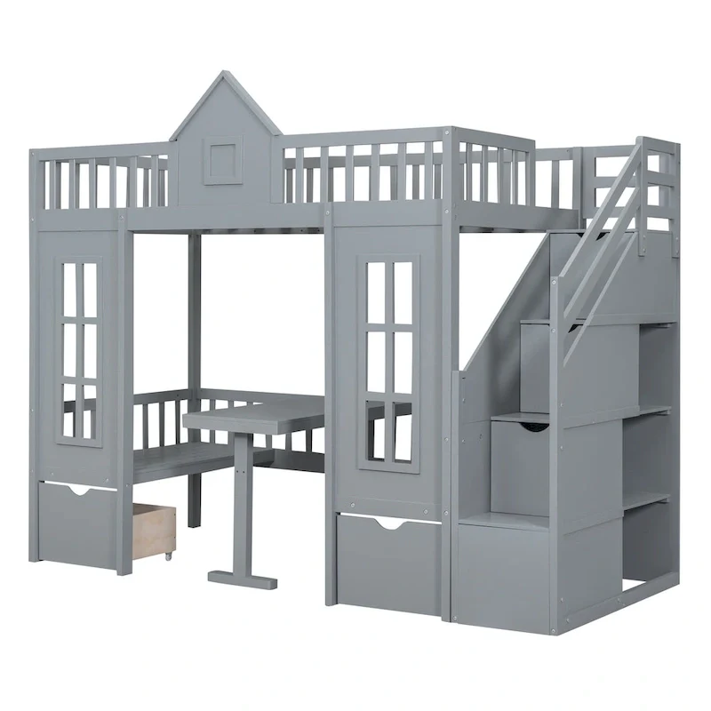 Twin Over Twin Bunk Bed with Convertible Desk - Gray