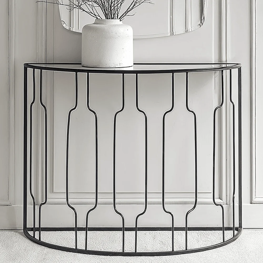 Black Metal Half Moon Console Table with Mirrored Top