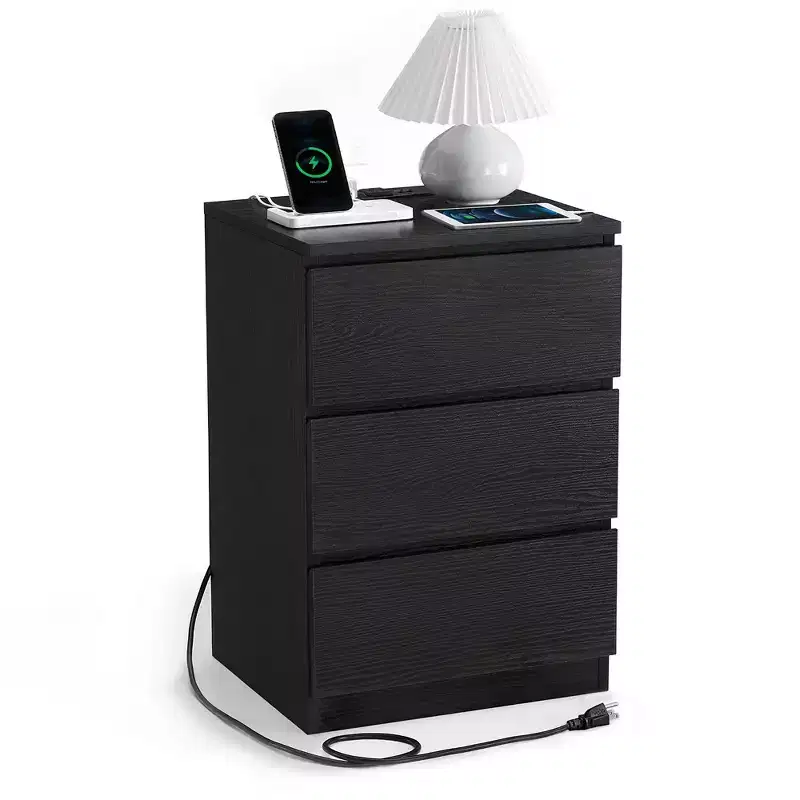 Nightstand with Charging Station, Bedside Table, Side End Table with 3 Drawers, 2 AC Outlets, 2 USB Ports, Beveled Drawer Fronts