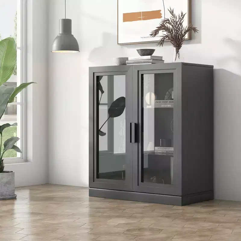 36x31x16 Wood Accent Sideboard Cabinet in Black, Storage Organizer with Adjustable Shelves and Glass Doors for Kitchen Bedroom Living/Dining Room